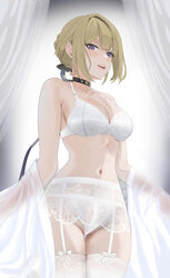 1girl absurdres black choker blonde hair bra breasts choker cleavage commentary evelyn chevalier garter belt garter str…