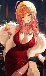 1girl absurdres ahoge alcohol alternate costume bare shoulders bracelet breasts champagne champagne flute cleavage comm…