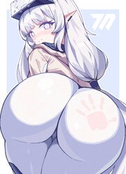 1girl absurdres ass bent over blue archive blush bodysuit brown jacket closed mouth commentary from behind hair tubes h…