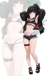 1girl absurdres alternate costume armpits arms behind head arms up bikini bikini bottom under shorts bikini under cloth…