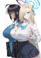 2girls asuna (blue archive) asuna (school uniform) (blue archive) bag black hair blonde hair blue archive blue bow blue…