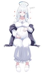 1girl absurdres black jacket blue archive blush breasts closed eyes collarbone commentary english text frilled nightgow…