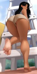 1girl absurdres ass ass focus barefoot beach black hair chair commentary dirty dirty feet feet foot focus foreshortenin…