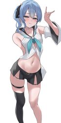 1girl arm behind back arm up black boots black shorts black thighhighs blue eyes blue hair blue neckerchief boots cospl…