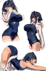 1girl absurdres alternate costume arrow (symbol) bare shoulders blue eyes blue hair blue one-piece swimsuit blush blush…
