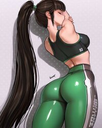 1girl arms up ass bare shoulders black hair black sports bra blunt bangs blush breasts closed mouth commentary english …