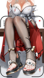 1girl ankle bell ankle strap anklet bench black pantyhose breasts cleavage commentary request feet flower foot focus fo…