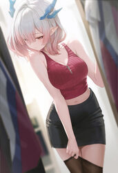 1girl alternate costume arknights arknights  endfield bare arms bare shoulders black skirt blue horns blurry blurry bac…