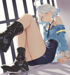 1girl ahoge armband black boots black bra blue eyes blue shirt blue skirt boots bra colored inner hair commission cuffs…