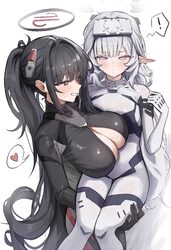 ... 2girls absurdres alternate breast size (larger) black bodysuit black hair blue archive bodysuit breasts carrying ce…