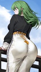 1girl ass belt black shirt blue sky breasts commentary english commentary green eyes green hair high-waist skirt highre…
