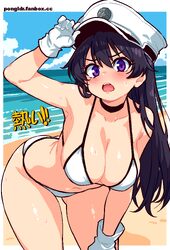 1girl alternate costume arm up armpits bambietta basterbine beach bent over bikini black choker black hair bleach bleac…