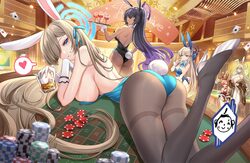 5girls ahoge akane (blue archive) akane (bunny) (blue archive) animal ears aqua bow aqua bowtie aqua leotard ass asuna …
