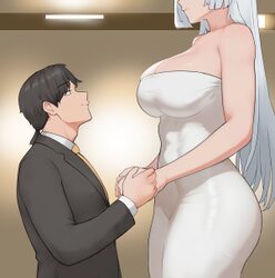 1boy 1girl abs absurdres ak-15 (girls frontline) black hair black jacket bodycon breasts cleavage closed mouth collarbo…
