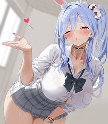 1girl  o alternate costume animal ears blowing kiss blue hair blurry blurry background blush bow bowtie breast pocket b…