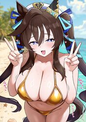 1girl  3 absurdres alternate breast size (larger) animal ears beach bikini black tail blue eyes blue ribbon blue sky bl…