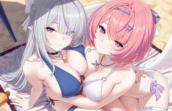 2girls asymmetrical docking beach bikini blue bikini breast press breasts chinese commentary cleavage commentary reques…