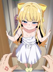 1boy 1girl  3 absurdres anger vein bad id bad pixiv id blonde hair blue eyes blush bow closed mouth collarbone commenta…