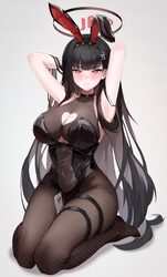 1girl absurdres alternate costume animal ear hairband animal ears armpits arms up black hair black hairband black leota…