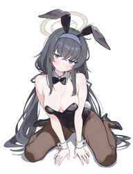 1girl absurdres alternate breast size (larger) animal ears bare shoulders black bow black bowtie black hair black leota…