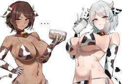 ... 2girls animal ears animal print bell bikini blue eyes bottle breasts brown eyes brown hair cleavage commentary cow …