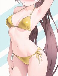 1girl arm up armpits artist name bikini black nails blush breasts breasts apart brown hair closed mouth collarbone comm…