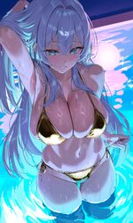 1girl adjusting hair aqua eyes arm behind head arm up armpits bikini blue eyes blush breasts cleavage cowboy shot from …