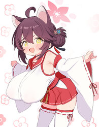 1girl ahoge animal ears armpit crease black choker blue archive blush breasts brown hair choker commentary request cowb…