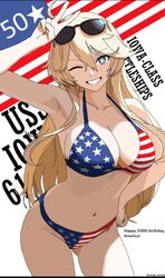 1girl american flag american flag bikini american flag print bikini blonde hair blue eyes breasts character name cleava…