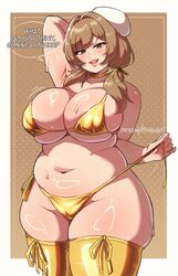 1girl absurdres belly bikini bready (nikke) breasts brown eyes brown hair commentary curvy english commentary goddess o…