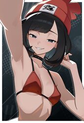 1girl absurdres armpit focus armpits artist name beanie bikini black choker black eyes black hair border breasts choker…