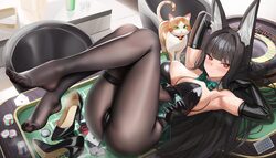 1girl alternate costume animal ears armpits arms up bare shoulders black gloves black hair black leotard black pantyhos…