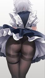 1girl ass ass focus back bow black panties blue dress bow brown pantyhose dress from behind gradient background grey ba…