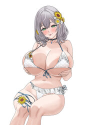 1girl absurdres bikini blush breasts commentary curvy english commentary flower front-tie bikini top front-tie top gree…