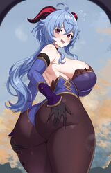 1girl absurdres alternate breast size (larger) ass backless outfit bare shoulders black gloves blue hair blush breasts …