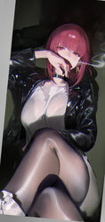 1girl absurdres black choker black jacket black pantyhose bra visible through clothes breasts chinese commentary choker…