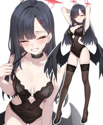 1girl absurdres alternate costume armpits arms up bare arms bare shoulders black choker black hair black thighhighs bla…