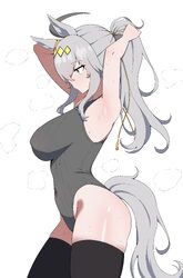 1girl absurdres adjusting hair ahoge animal ears armpits arms behind head arms up black thighhighs breasts commentary c…