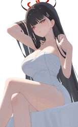1girl absurdres black hair blue archive breasts cleavage commentary crossed legs hair lift halo highres large breasts l…