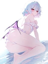 1girl 25omega25 alternate costume ass barefoot bat wings bikini blue hair colored inner hair commentary frilled bikini …