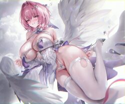 1girl absurdres bare shoulders blush breasts commentary daefny highres large breasts looking at viewer panties parted l…