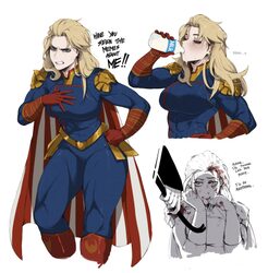 2girls absurdres billy butcher blonde hair blue bodysuit blush bodysuit bottle breasts cape commentary crowbar drinking…
