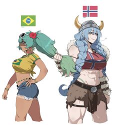 2026 fifa world cup 2girls abs absurdres alternate breast size (larger) aqua hair blue hair blue shorts brazil brazilia…