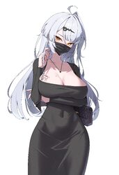 1girl absurdres ahoge arm under breasts black dress breast tattoo breasts cleavage commentary covered navel cowboy shot…