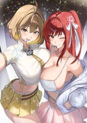 ) 2girls absurdres ahoge anis (nikke) anis (star) (t.t. star) (nikke) asymmetrical docking breast press breasts brown e…