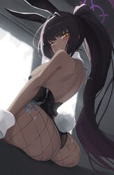 1girl animal ears ass black hair black leotard blue archive breasts commentary dark-skinned female dark skin fake anima…