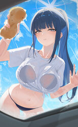 1girl absurdres against glass bikini black bikini blue archive blue eyes blue hair blue halo blue sky breasts commentar…