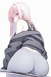 1girl absurdres alternate costume ass ass rest black sports bra closed mouth commentary expressionless from behind grey…