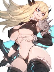 1girl black gloves blonde hair blue eyes breasts curvy floating hair fumio (rsqkr) gloves grin highres holding holding …