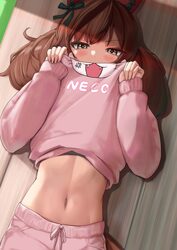 1girl absurdres alternate costume animal ears blush bow breasts brown eyes brown hair clothes lift commentary ear bow e…